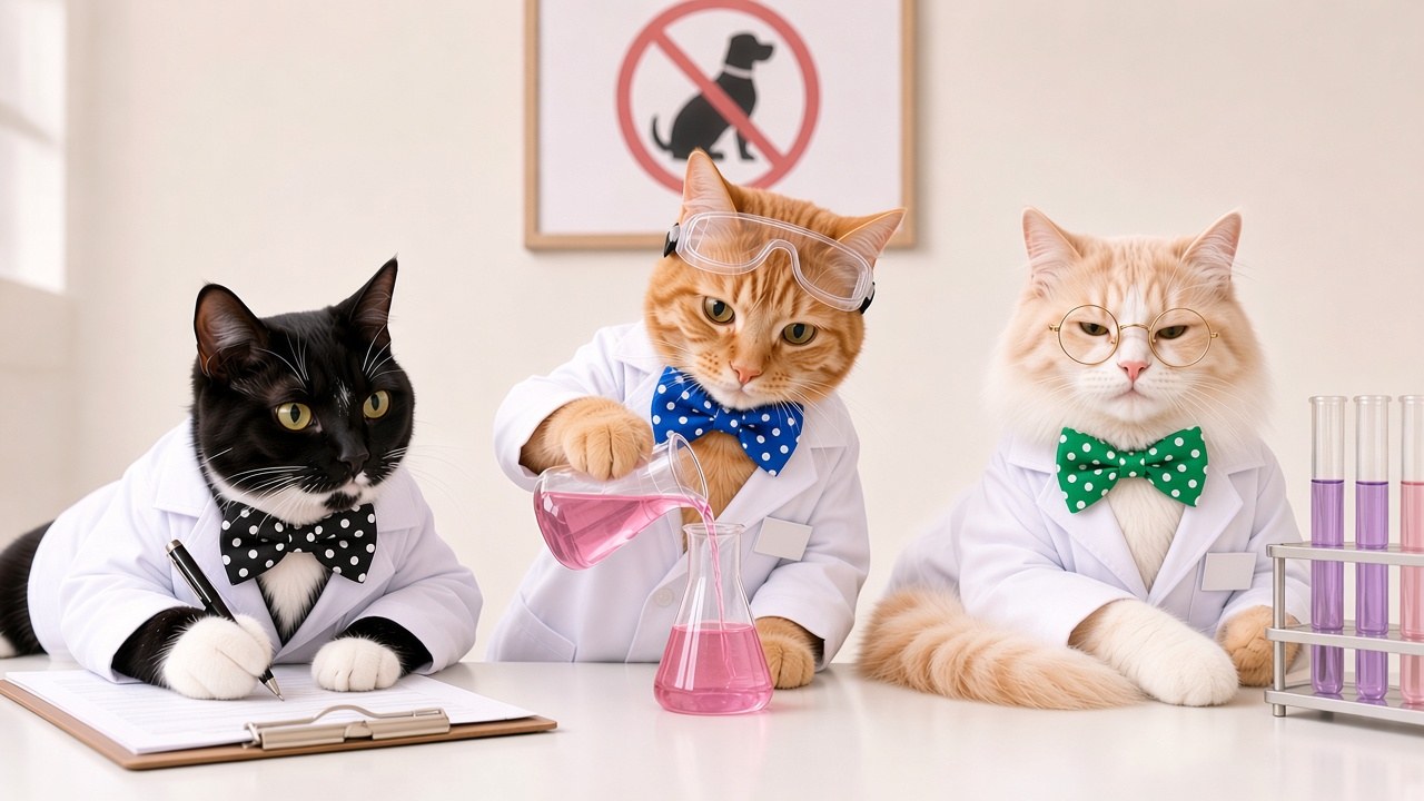 Three cats in lab coats and polka-dot bow ties: Maxi taking notes, an orange tabby pouring a pink formula, and a fluffy cream cat lounging, under a no-dogs-allowed sign