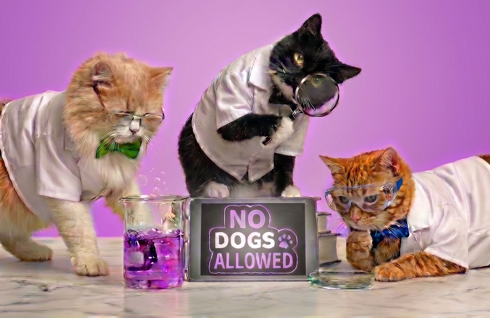 Three cats in lab coats with beakers and a NO DOGS ALLOWED sign